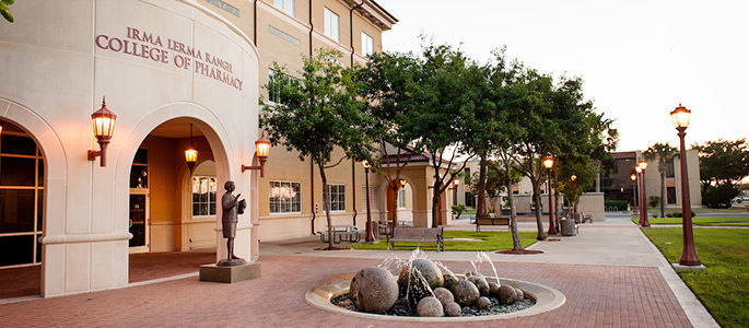 Exterior view of the Irma Lerma Rangel School of Pharmacy building on the Kingsville campus