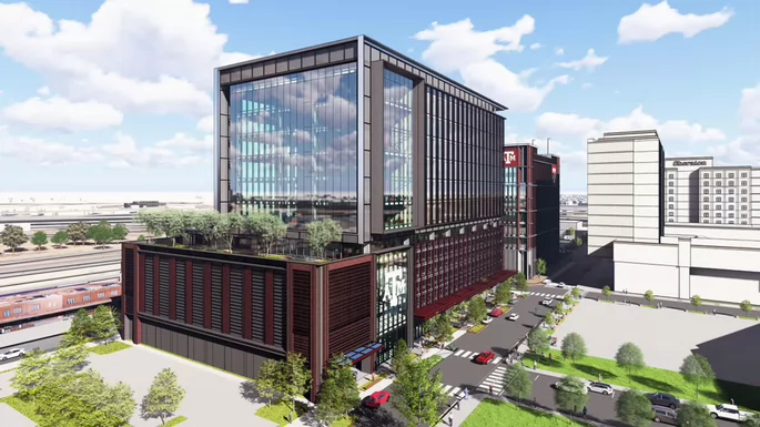 Exterior view of the Institute for healthcare access high-rise with the downtown Fort Worth skyline behind it