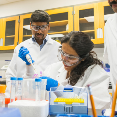 Pharmacy researchers filling samples