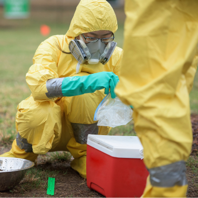 SPH students conducting environtmental research outside in hazmat suits